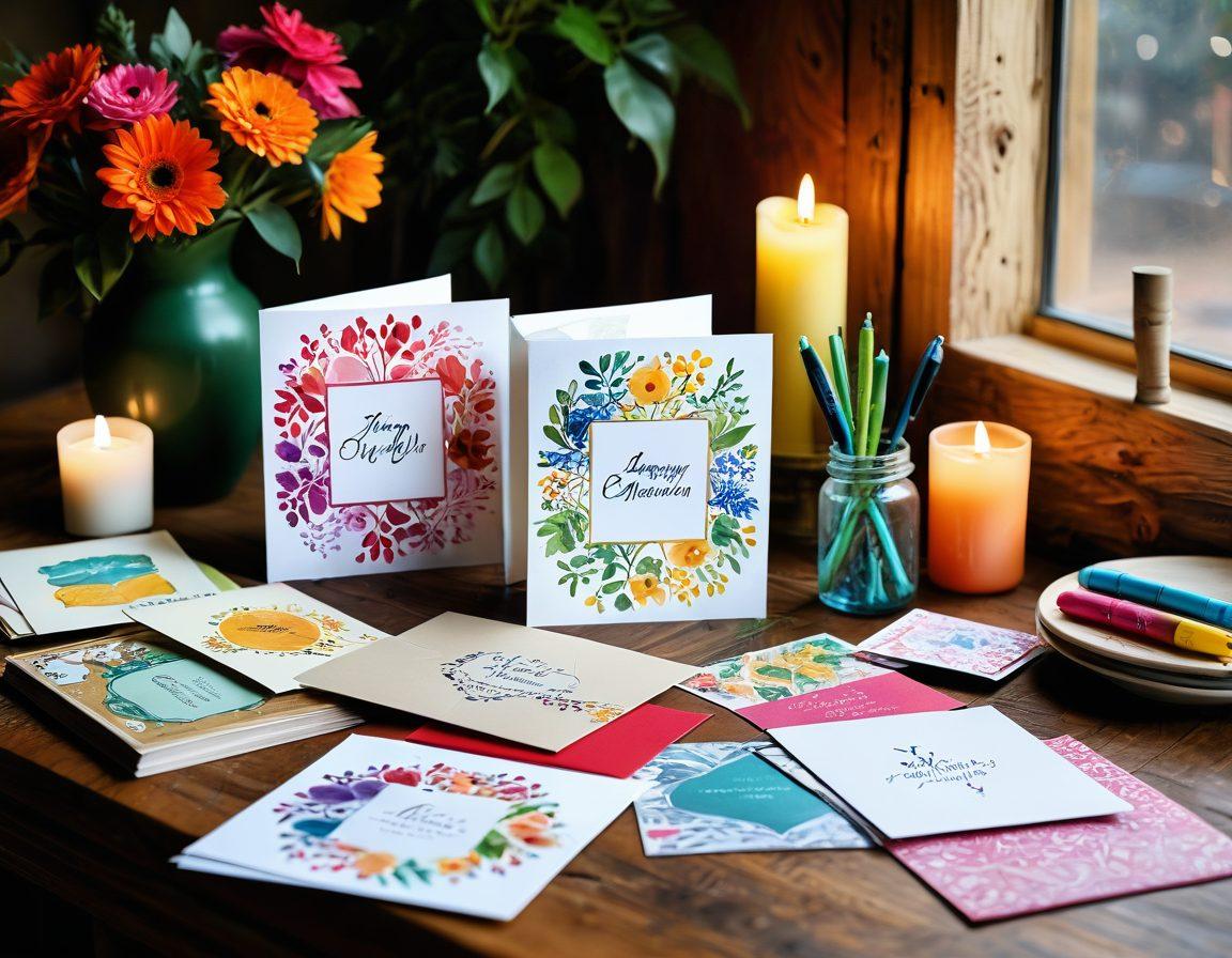 A collection of beautifully designed and personalized greeting cards displayed on a rustic wooden table, with vibrant colors and unique patterns. Include art supplies like markers and stamps around the cards, embodying a creative workspace. The scene should convey a sense of inspiration and joy with soft natural light filtering through a window. Emphasize the variety of occasions like birthdays and weddings. super-realistic. vibrant colors. soft focus.
