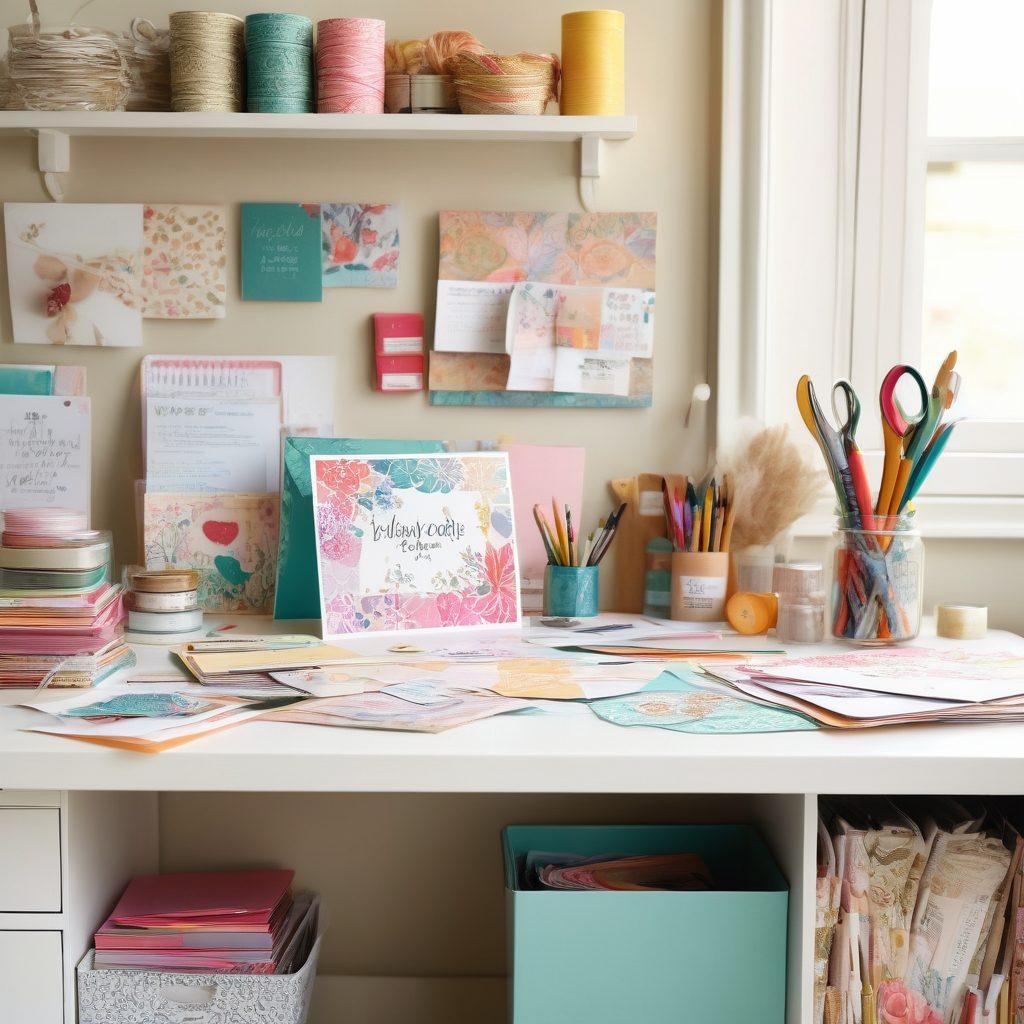 A beautifully arranged workspace featuring colorful crafting supplies such as patterned papers, scissors, glue, and embellishments, with an open handmade greeting card in the center, showcasing vibrant designs and handwritten messages. Soft natural lighting enhances the craft essence, with a cozy ambiance. Include subtle hints of inspiration, like sketches and quotes in the background. bright colors. soft-focus. modern styled.