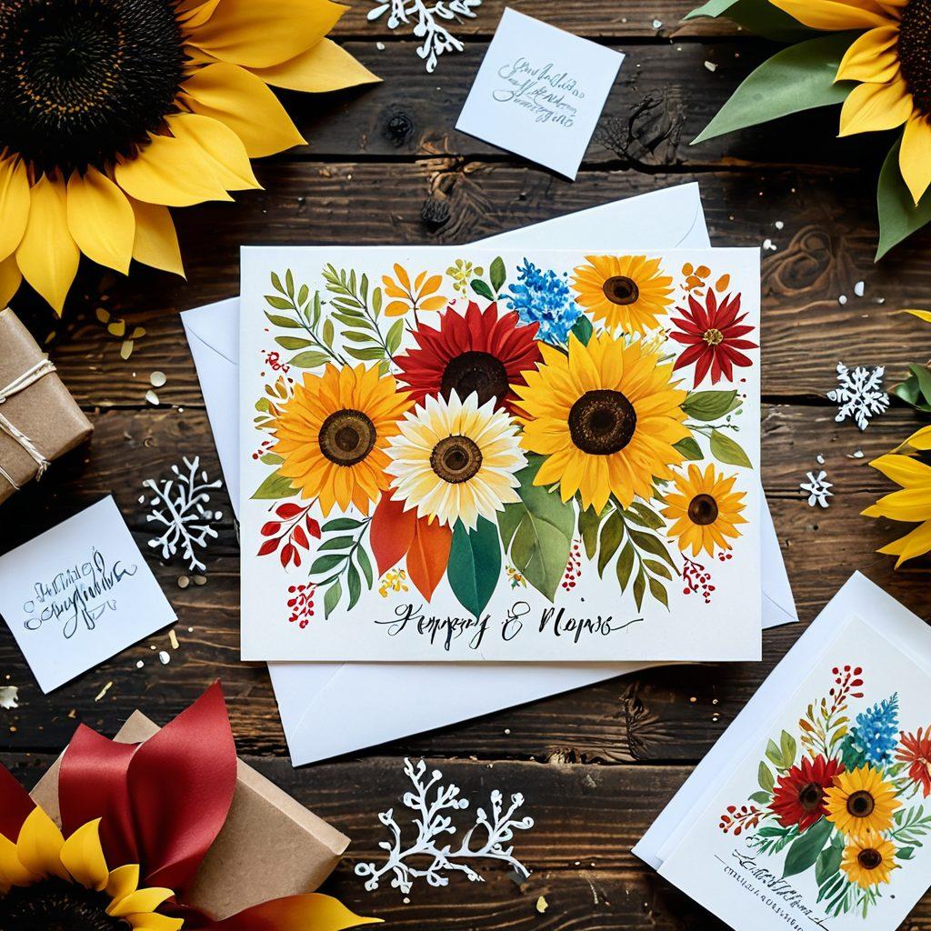 An artistic display of elegantly designed customized cards showcasing various seasonal themes, such as vibrant spring florals, cozy autumn leaves, festive winter motifs, and sunny summer elements. Each card is uniquely styled, arranged in a visually appealing way on a rustic wooden table, surrounded by decorative elements like ribbons, confetti, and seasonal flowers. The setting is warm and inviting, invoking a celebratory atmosphere. super-realistic. vibrant colors. soft natural lighting.